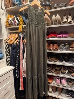 Fat Face Olive Green Crochet-Yoke Maxi Dress